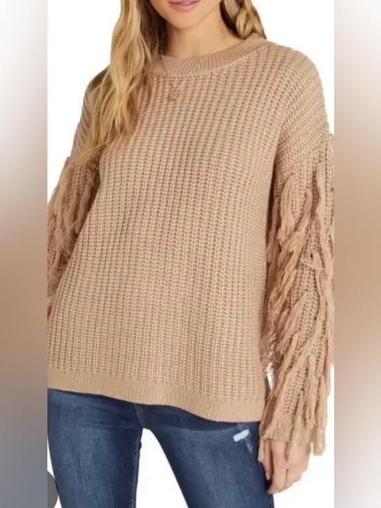 Vici Sweaters - VICI Taupe Fringe Sleeve Chunky Knit Sweater NWT
